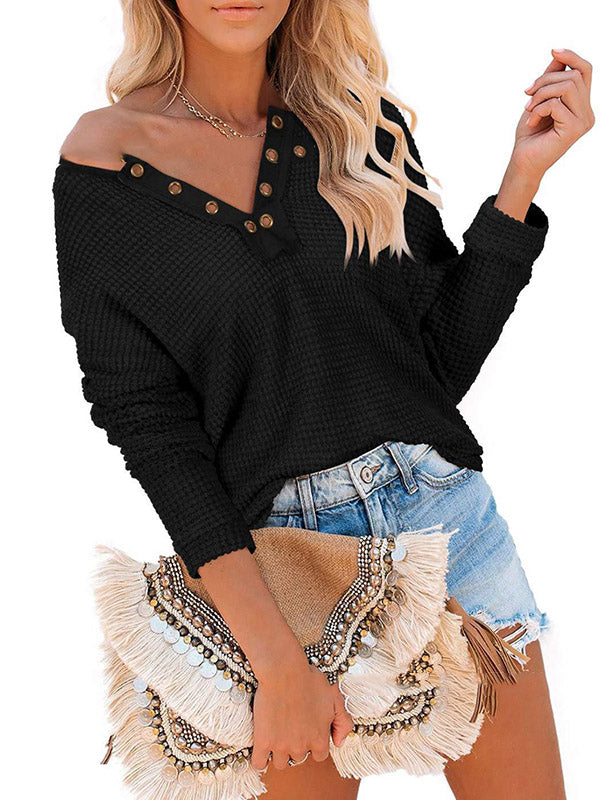 Casual Solid Color V-Neck Long Sleeves T-Shirt Tops
