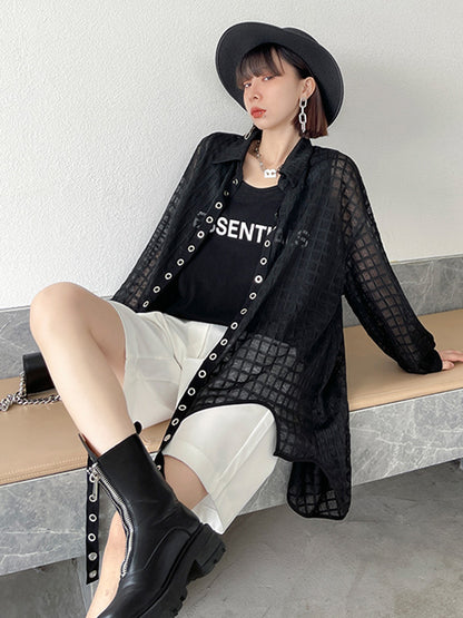 Stylish See-Through Buttoned High-Low Lapel Outerwear