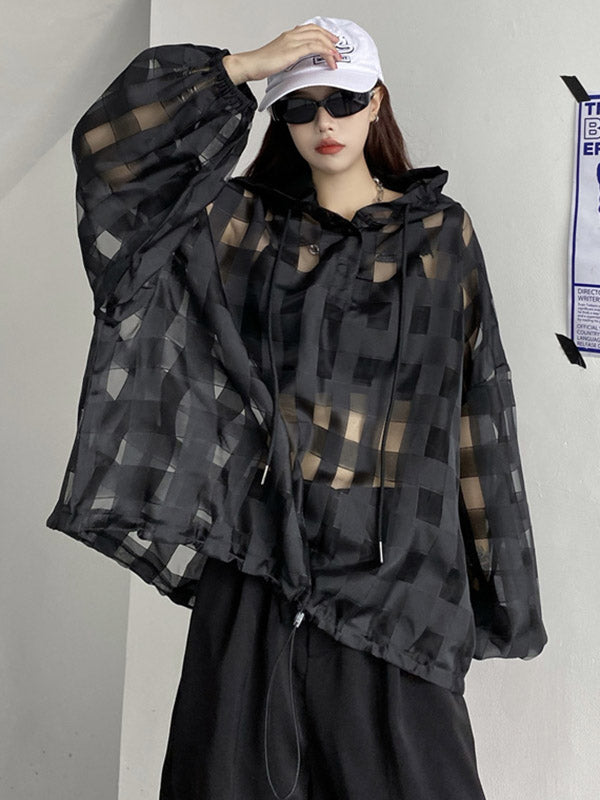 Stylish Solid Color Hollow Drawstring Buttoned Hooded Long Sleeves Sun-Protection Outwear