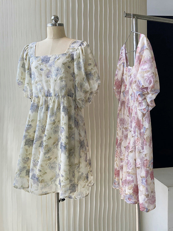 Original Floral Printed Square-Neck Puff Sleeve Mini Dress