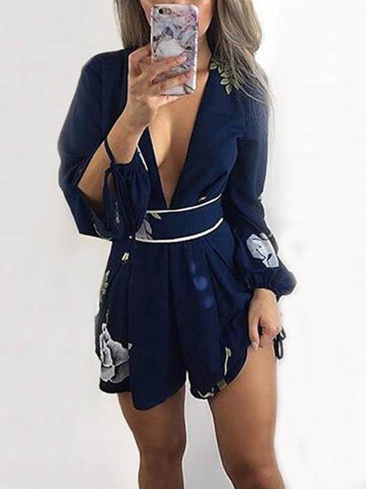 Printed Lace-up Backless Mini Romper