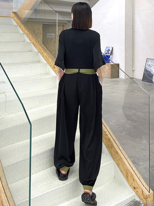 Stylish Belted Polo Collar Half Sleeve High-Waisted Jumpsuits