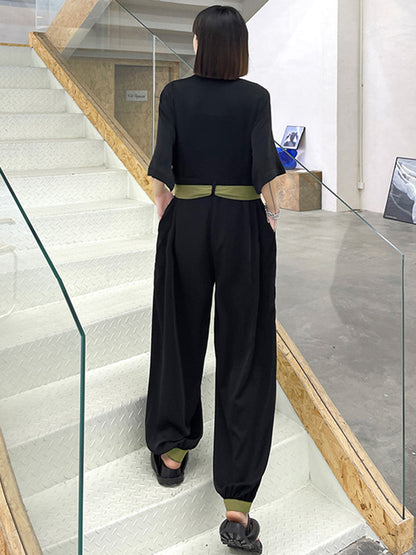 Stylish Belted Polo Collar Half Sleeve High-Waisted Jumpsuits