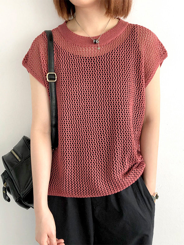 Simple Loose Solid Color Linen Hollow T-Shirt Top