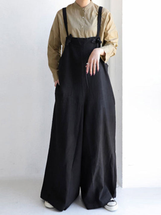 Simple Ramie Cotton Solid Color Wide Leg Overalls