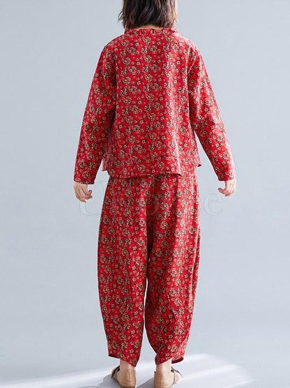 Loose Retro Floral Printed Blouses and Pants Suits