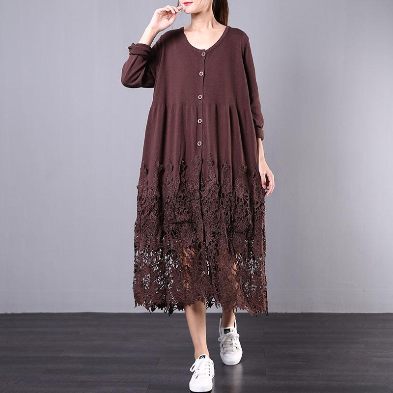 Buykud Hollow Out Embroidery Casual Loose Knitted Dress