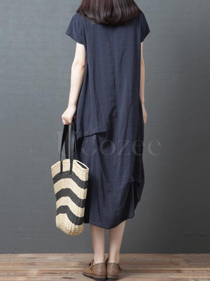 Casual Solid Ruffled Round-neck Midi Dress