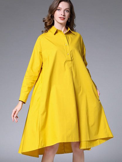 Simple Loose 4 Colors Buttoned Lapel Collar Raglan Sleeves High-Low Midi Dress