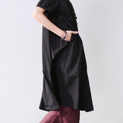 Folded Women Splicing Summer Loose Cotton Black Shirt Dress