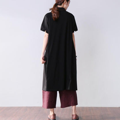 Folded Women Splicing Summer Loose Cotton Black Shirt Dress