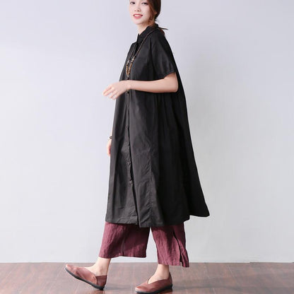 Folded Women Splicing Summer Loose Cotton Black Shirt Dress