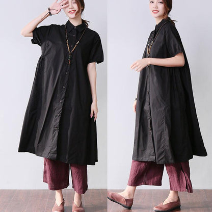 Folded Women Splicing Summer Loose Cotton Black Shirt Dress