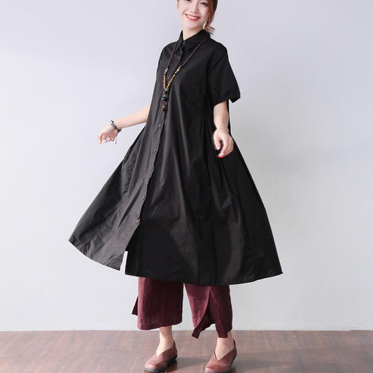Folded Women Splicing Summer Loose Cotton Black Shirt Dress