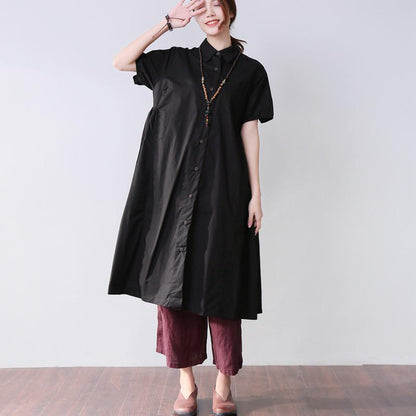 Folded Women Splicing Summer Loose Cotton Black Shirt Dress