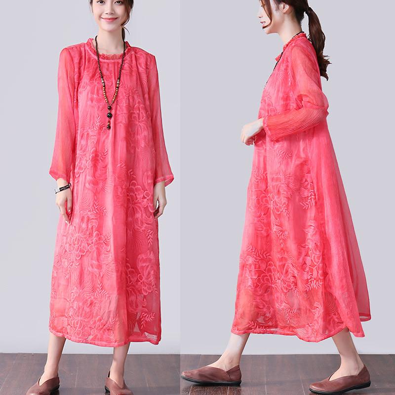 Graceful Applique Lining Long Sleeves Women Red Dress