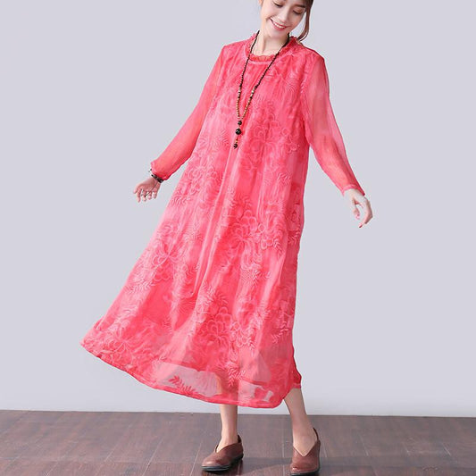 Graceful Applique Lining Long Sleeves Women Red Dress