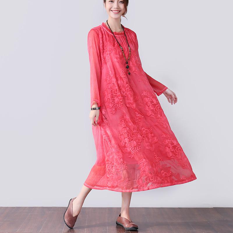 Graceful Applique Lining Long Sleeves Women Red Dress