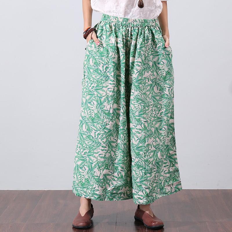 Loose Printing Women Summer Green Wide Leg Pants