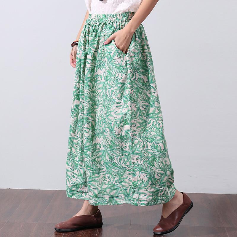 Loose Printing Women Summer Green Wide Leg Pants