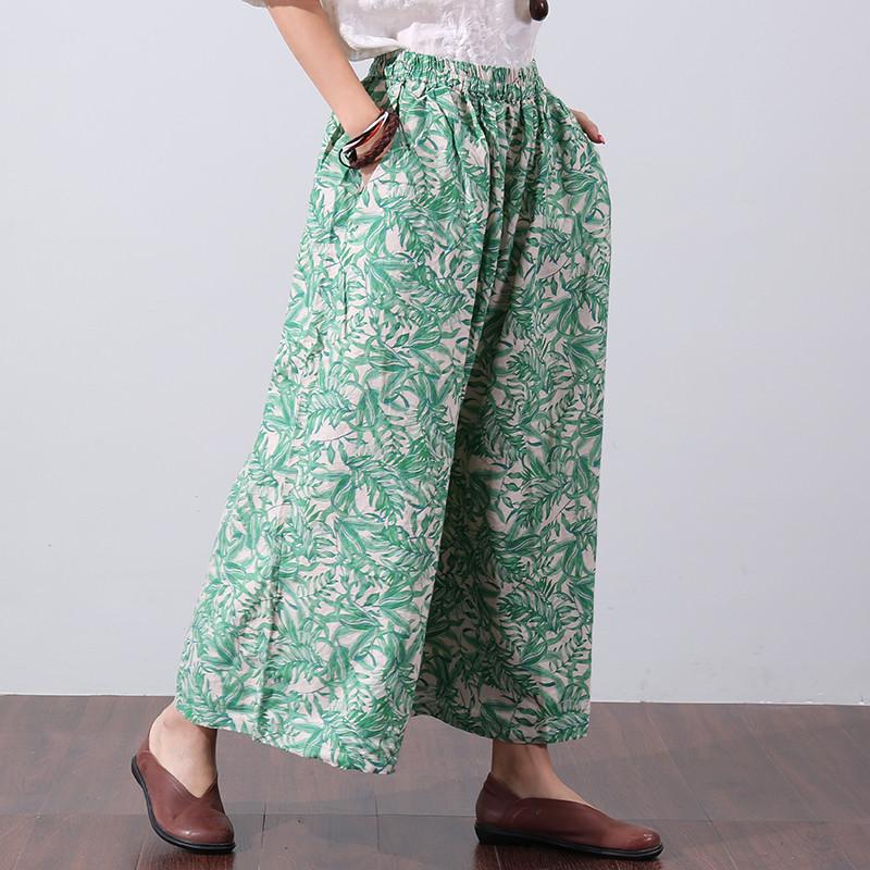 Loose Printing Women Summer Green Wide Leg Pants