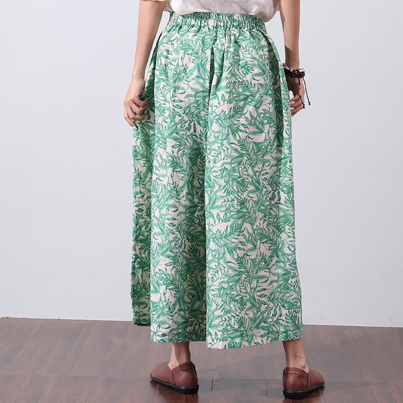 Loose Printing Women Summer Green Wide Leg Pants