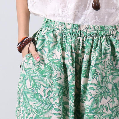 Loose Printing Women Summer Green Wide Leg Pants