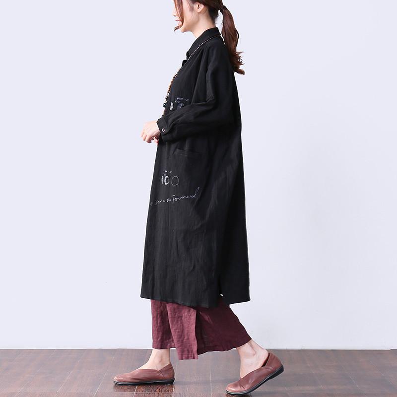 Novelty Pocket Slit Long Sleeves Women Black Dress