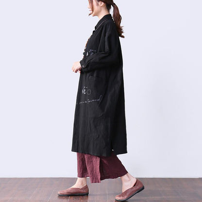 Novelty Pocket Slit Long Sleeves Women Black Dress
