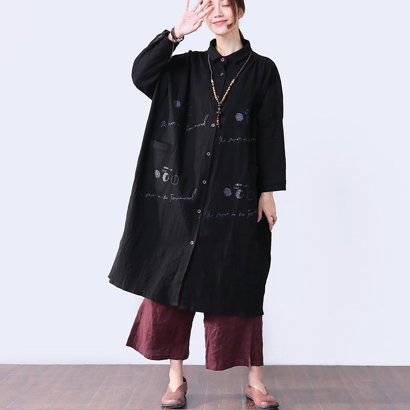 Novelty Pocket Slit Long Sleeves Women Black Dress