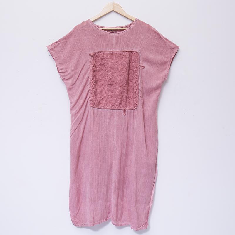 Summer Women Embroidery Round Neck Short Sleeve Pink Irregular Splitting Dress
