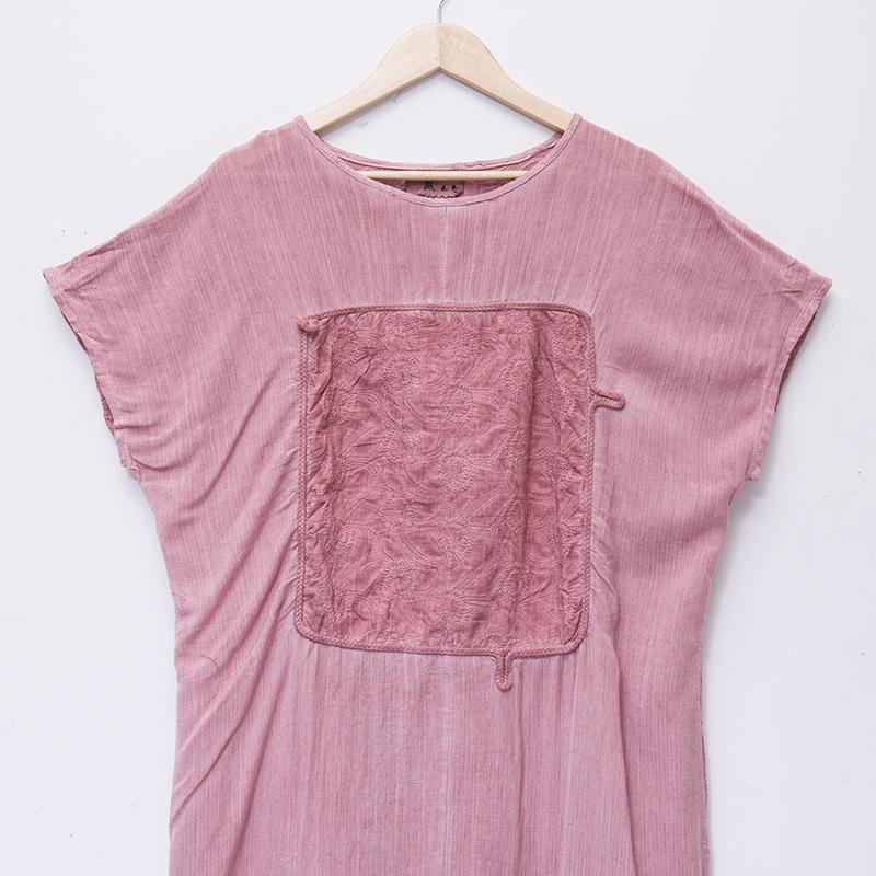 Summer Women Embroidery Round Neck Short Sleeve Pink Irregular Splitting Dress