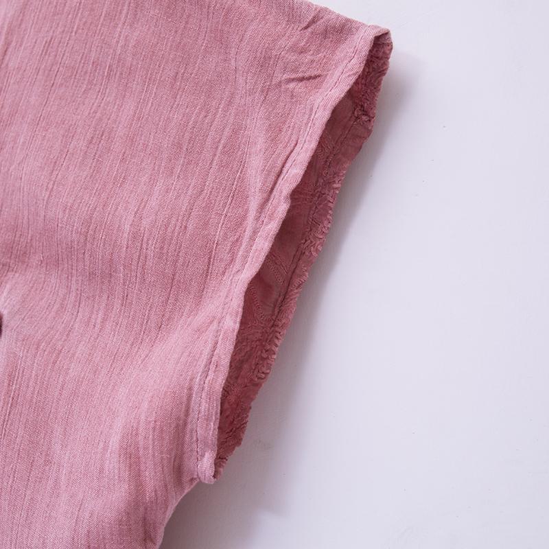 Summer Women Embroidery Round Neck Short Sleeve Pink Irregular Splitting Dress