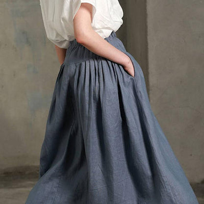 Causal Women Cotton Linen Loose Blue Pleated Skirt
