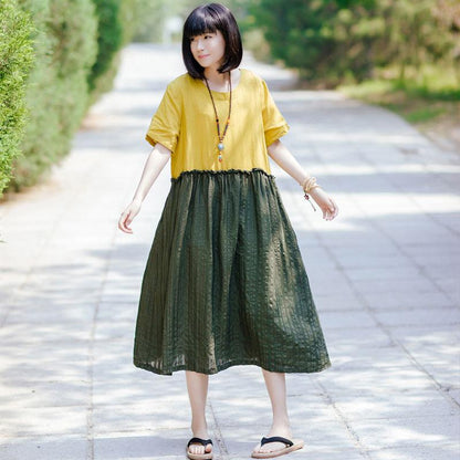 Summer Women Round Neck Short Sleeve Cotton Linen Pleated Dress