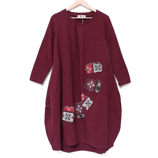 Chic Applique Retro Image Long Sleeves Linen Dark Red Women Dress