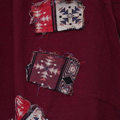 Chic Applique Retro Image Long Sleeves Linen Dark Red Women Dress