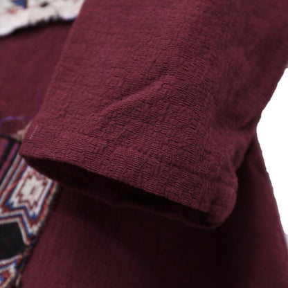 Chic Applique Retro Image Long Sleeves Linen Dark Red Women Dress