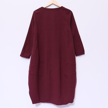 Chic Applique Retro Image Long Sleeves Linen Dark Red Women Dress