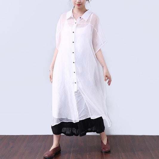Summer Dresses Button Elbow Sleeves Women White Dress