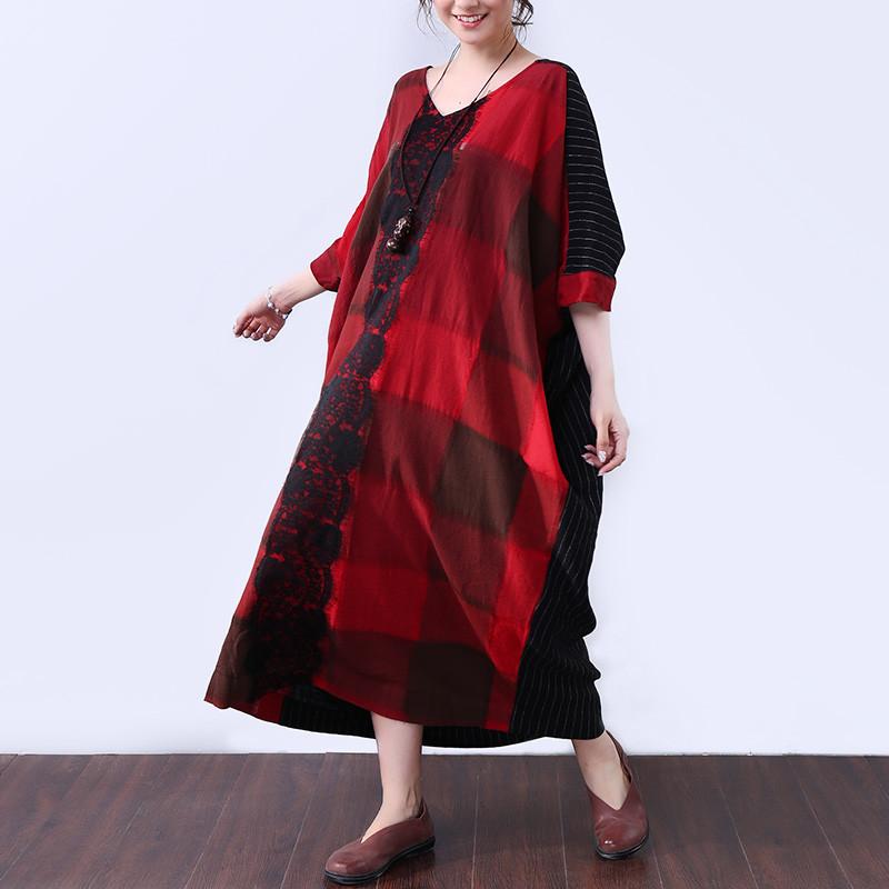 Linen Women Summer Loose Casual Splicing Red Dress
