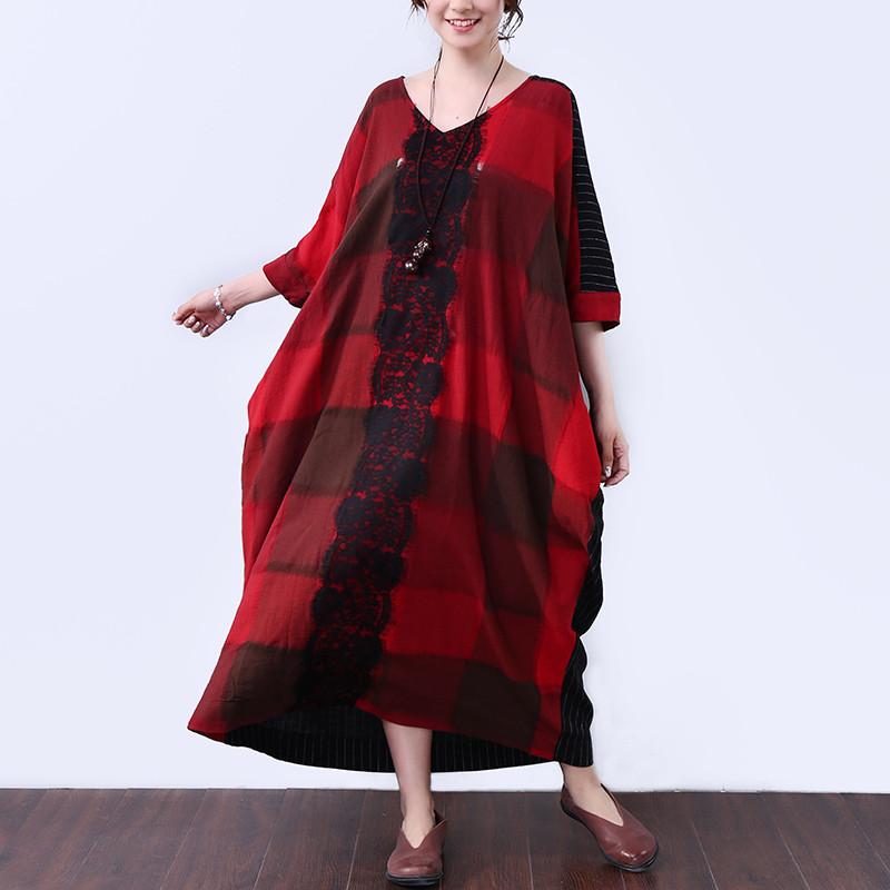 Linen Women Summer Loose Casual Red Dress