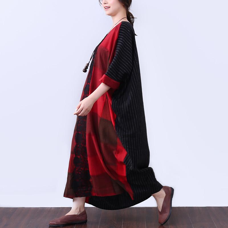 Linen Women Summer Loose Casual Splicing Red Dress