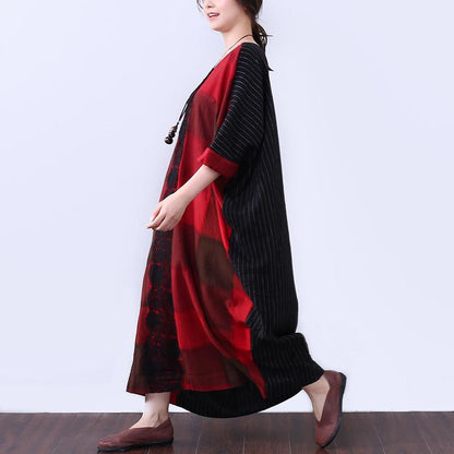Linen Women Summer Loose Casual Splicing Red Dress