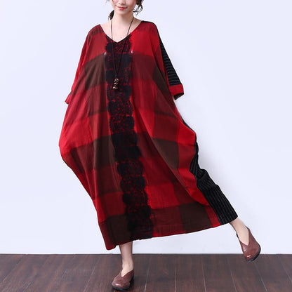 Linen Women Summer Loose Casual Splicing Red Dress