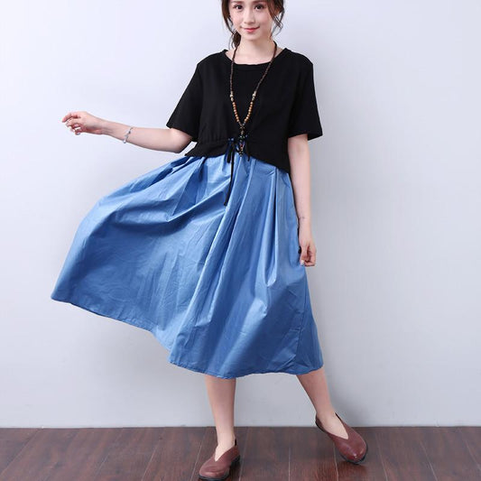 Splicing Lacing Casual Loose Short Sleeves Blue Dress