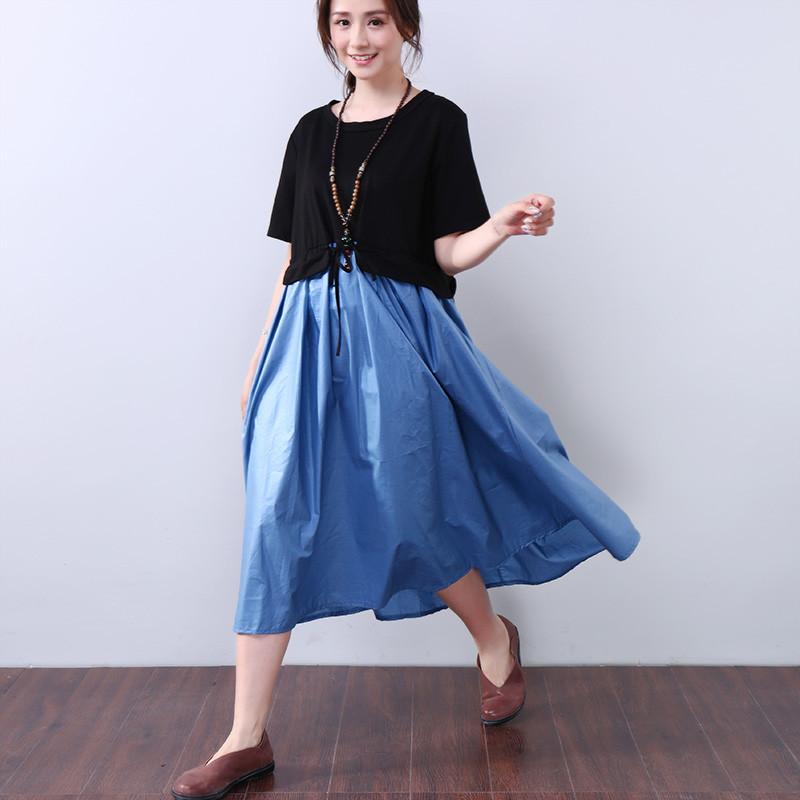 Splicing Lacing Casual Loose Short Sleeves Blue Dress