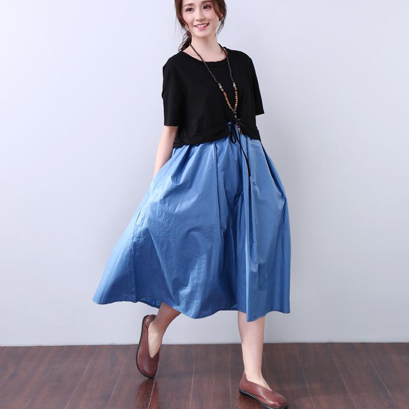 Splicing Lacing Casual Loose Short Sleeves Blue Dress