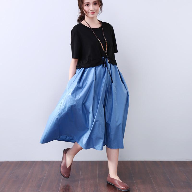 Splicing Lacing Casual Loose Short Sleeves Blue Dress