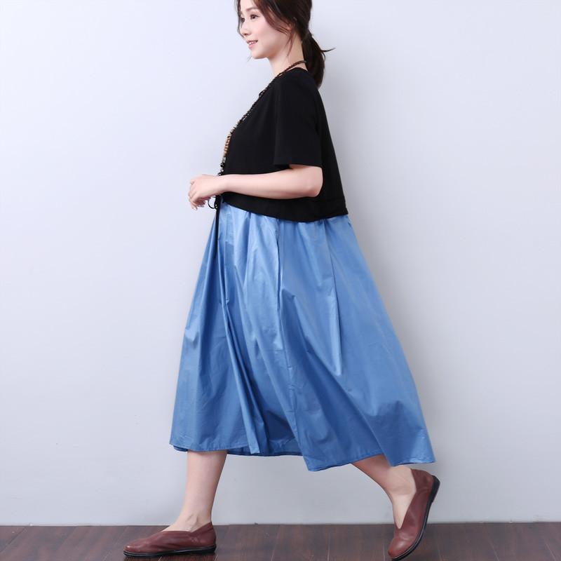 Splicing Lacing Casual Loose Short Sleeves Blue Dress